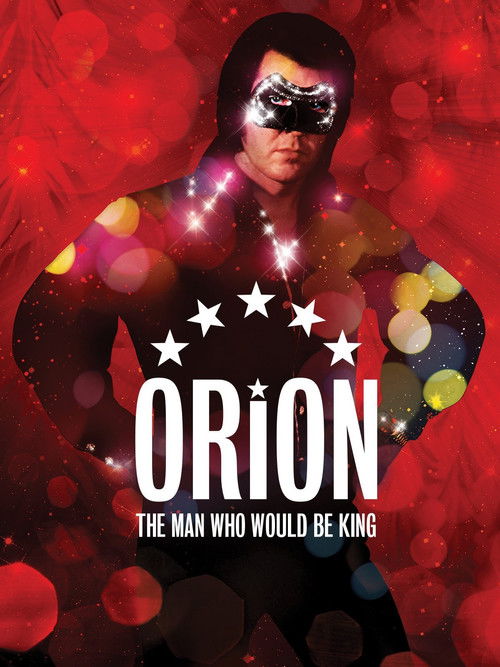 The poster features a muscular man in a dark suit, exuding strength and mystery. Vibrant red and purple hues create a dramatic atmosphere, with glowing orbs adding an ethereal touch. The bold title "ORION" dominates the center, emphasizing his significance as a powerful figure.