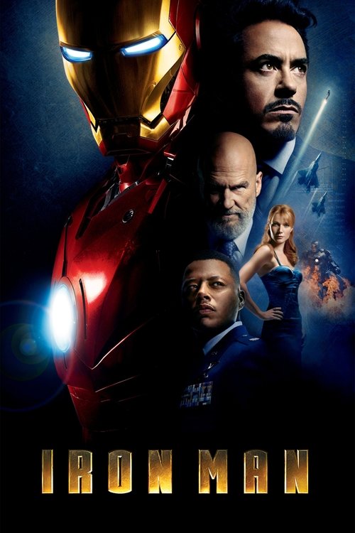The poster features a dramatic composition with Iron Man in the foreground, glowing red and gold, while other characters like Tony Stark, Bruce Banner, and a woman are visible in the background. The dark, starry backdrop enhances the sci-fi atmosphere, with bold golden lettering at the bottom. Th...