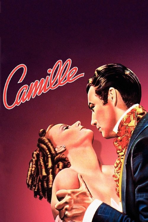The poster features a romantic couple in an intimate embrace against a deep purple background. The woman's curly hair and the man's formal attire suggest a classic Hollywood era. The red cursive text "Camille" adds a touch of elegance and romance.