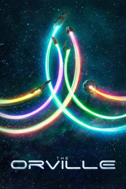 The Orville poster features vibrant neon lights forming an abstract, swirling pattern against a starry backdrop. The glowing lines evoke a sense of wonder and nostalgia, while the title at the bottom suggests a story about friendship and adventure.