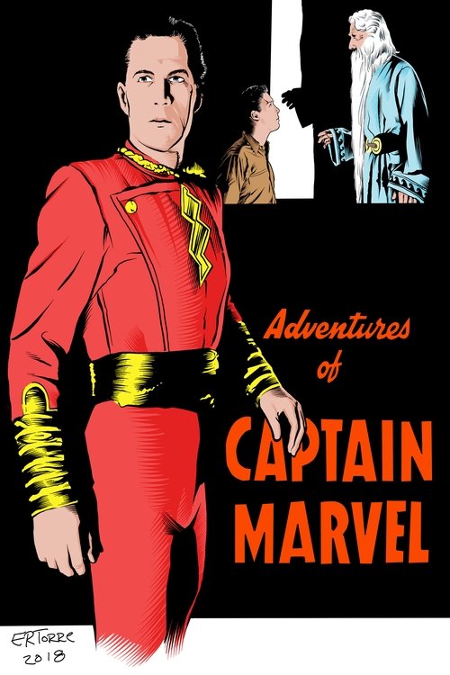 The poster features Captain Marvel in a striking red suit with yellow accents, exuding confidence and heroism. Beside him, a man in a brown coat and another in a blue outfit add depth to the scene. The bold red text "Adventures of Captain Marvel" dominates the lower right, emphasizing the film's ...