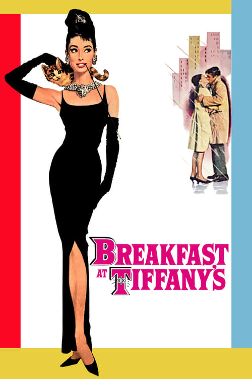 The poster features a glamorous woman in a black dress against a vibrant red and yellow background, exuding elegance. In the upper right corner, a couple stands in a cityscape, adding a romantic touch. The title "Breakfast at Tiffany's" is prominently displayed in bold pink letters, capturing the...