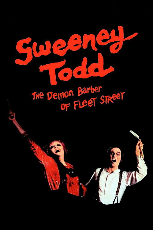 The poster features a dramatic black background with bold red text announcing "Sweeney Todd." Below, two figures are silhouetted against the darkness—one with a raised arm and the other holding a razor—evoking a sense of mystery and danger. The overall mood is dark and suspenseful, hinting at the...