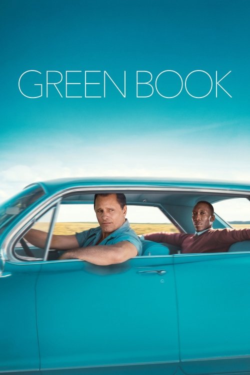 The poster features a man and a woman in a bright blue car, with the title "GREEN BOOK" prominently displayed against a clear sky. The vibrant colors and relaxed atmosphere evoke a sense of adventure and freedom.