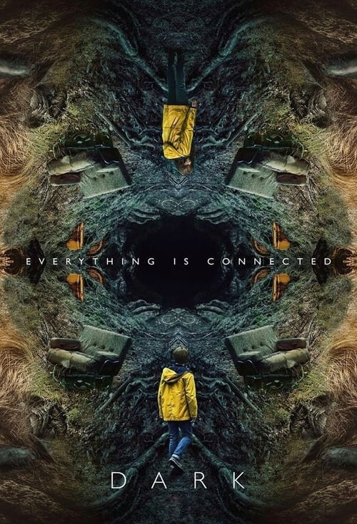 The poster features a surreal, kaleidoscopic design with a central figure in a yellow jacket standing against a dark, mysterious background. The colors are predominantly dark with hints of yellow and blue, creating a mysterious and eerie atmosphere. The word "Dark" is prominently displayed at the...