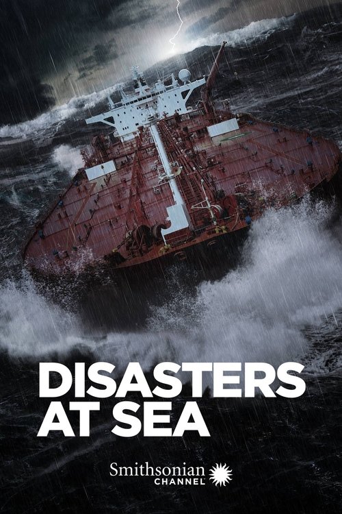 The poster depicts a dramatic scene of a ship sinking in turbulent, dark waters. The red hull contrasts sharply with the grey sky and white foam. The title "Disasters at Sea" is prominently displayed in bold white letters, conveying the show's serious and urgent tone about maritime emergencies.