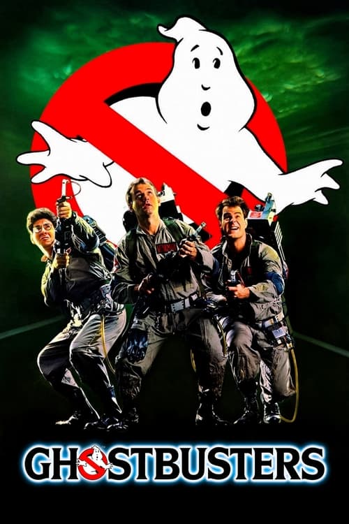 A group of Ghostbusters in tactical gear stands confidently in front of the iconic red-and-white "no" symbol. The poster features a dark green background, evoking a mysterious and intense atmosphere. The mood is one of determination and readiness, capturing the essence of the classic franchise.