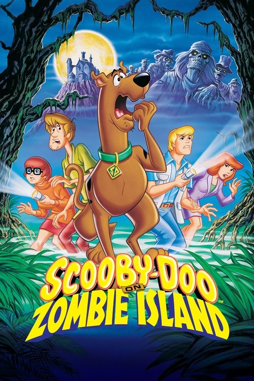 The poster features Scooby-Doo and the Mystery Inc. characters in a vibrant green forest setting. The characters are depicted with bright, cheerful colors, conveying a playful and adventurous mood. The title "Scooby-Doo on Zombie Island" is prominently displayed in bold yellow letters, emphasizin...