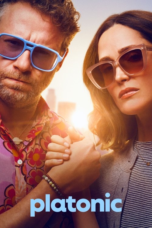 The poster features a man and woman standing close together, with the man wearing blue glasses and a colorful shirt, while the woman wears large sunglasses. The warm sunlight creates a golden glow behind them, evoking a romantic and intimate mood. The title "Platonic" is prominently displayed in ...