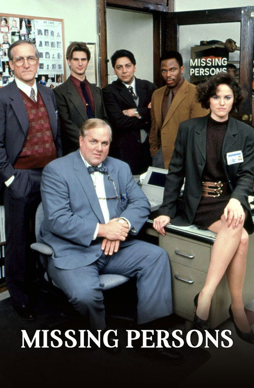 The poster features a group of people in a dimly lit room with muted tones, creating an eerie atmosphere. The central figure, a man in a blue suit, stands prominently while others in formal attire stand behind him, suggesting a serious or suspenseful tone. The bold text "MISSING PERSONS" at the b...