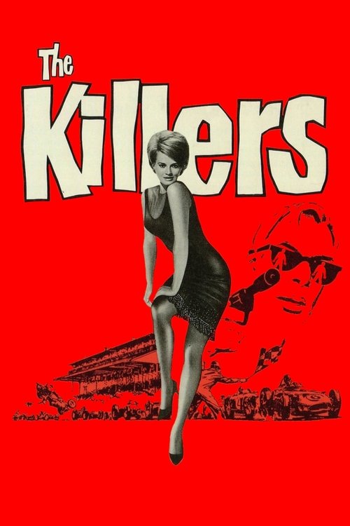 This vintage-style poster features a striking black-and-white woman in a black dress against a bold red background. The title "The Killers" is prominently displayed in large, distressed white letters. The overall mood is dark and mysterious, evoking a classic horror film aesthetic.