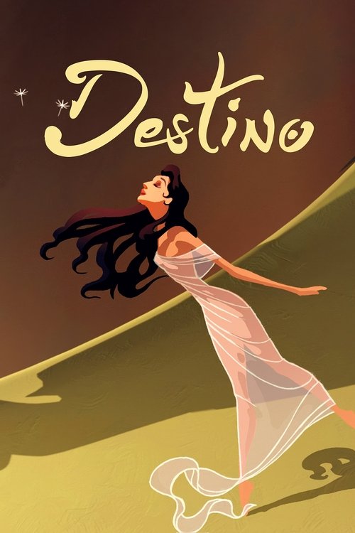 The poster features a graceful woman in a flowing white dress, her long dark hair flowing dramatically against a warm, golden sunset. The title "Destino" is elegantly written in a cursive font at the top. The overall mood is dreamy and romantic, evoking a sense of freedom and timeless beauty.