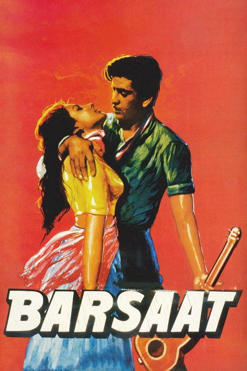The poster features a passionate couple in a romantic embrace against a vibrant red background. The man holds a guitar, suggesting a musical theme, while the woman leans in close, creating an intimate and dramatic atmosphere. The bold white text "BARSAAT" anchors the image, emphasizing the film's...