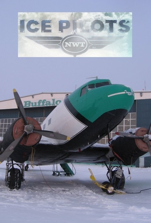 The poster features a vintage green and white airplane with a propeller, parked on a snowy landscape. The text "ICE PILOTS NWT" is prominently displayed at the top. The mood is nostalgic and adventurous, capturing the spirit of winter aviation.