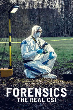 The poster features a forensic scientist in full protective gear kneeling on a grassy field, examining a small object with a magnifying glass. The scene is set outdoors under bright daylight, with a yellow safety light and a wooden box nearby. The muted green and brown tones of the natural settin...