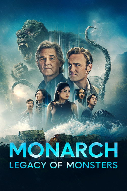 This poster features a dramatic underwater scene with a large monster looming in the background, creating an ominous atmosphere. The characters are positioned in the foreground, with a mix of serious expressions and dynamic poses. The color palette is dominated by deep blues and teals, evoking a ...