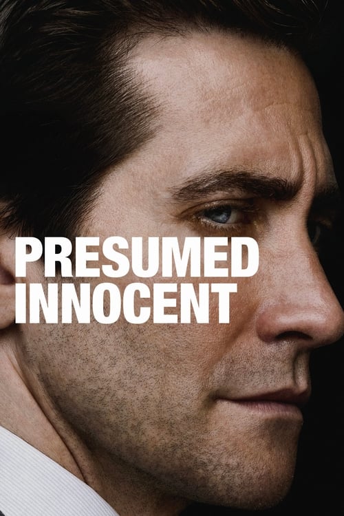 The poster features a close-up of a man with a serious expression, his face partially shadowed against a dark background. The title "PRESUMED INNOCENT" is prominently displayed in bold white letters, creating a stark contrast that emphasizes the theme of innocence being questioned. The overall mo...