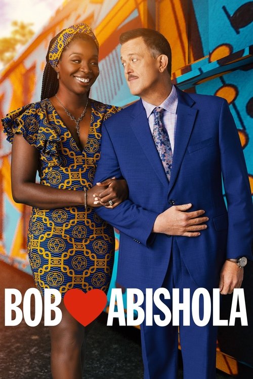 A vibrant TV poster featuring a smiling Black woman in a patterned dress and a man in a bright blue suit, both exuding warmth and joy. The colorful background with bold geometric shapes enhances the lively atmosphere, while the text "Bob ❤️ Abishola" anchors the image with a heart symbol, suggest...