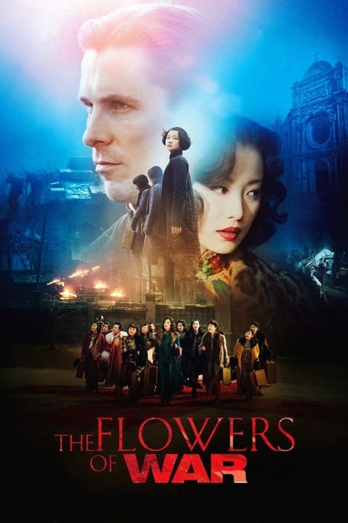 The poster features a dramatic scene with a man in a trench coat and a woman in period dress, set against a backdrop of a burning city. The colors are intense, with deep blues and fiery oranges creating a sense of urgency and danger. The title "The Flowers of War" is prominently displayed at the ...