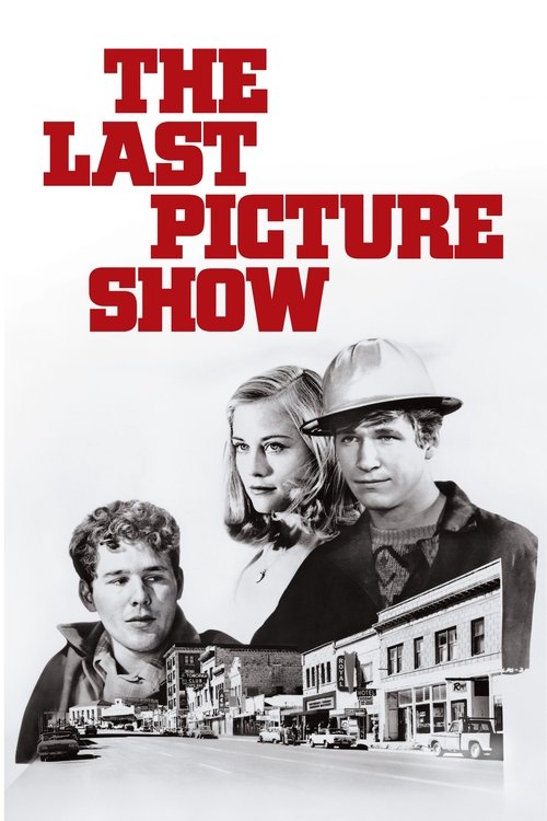 This vintage movie poster features a black-and-white photograph of three characters against a backdrop of a city street. The bold red title "The Last Picture Show" dominates the top, evoking a noir aesthetic. The mood is mysterious and nostalgic, capturing the essence of classic cinema.