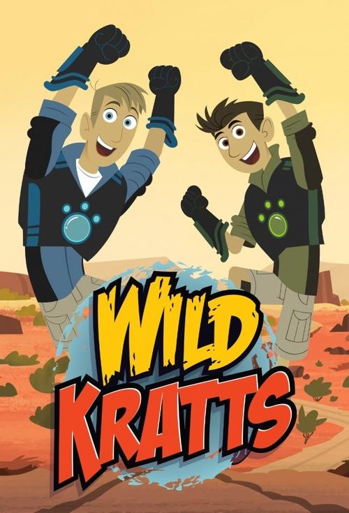 The poster features two energetic characters in futuristic spacesuits against a warm desert backdrop. The vibrant yellow and red text "WILD KRATTS" dominates the center, conveying excitement and adventure. The dynamic pose and sunny colors evoke a sense of fun and wonder, perfectly capturing the ...