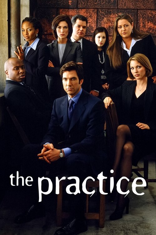 The Practice poster features a group of actors in professional attire against a warm, textured background. The central figure sits confidently in a dark suit, while others stand behind him, exuding authority and professionalism. The muted tones and formal styling create a serious, authoritative m...