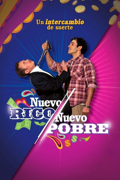The poster features two men in a dramatic pose against a vibrant background. One man in a suit looks surprised, while the other in a plaid shirt smiles confidently. The colors are bold, with purple, pink, and yellow dominating the design. The mood is energetic and humorous, suggesting a comedic o...
