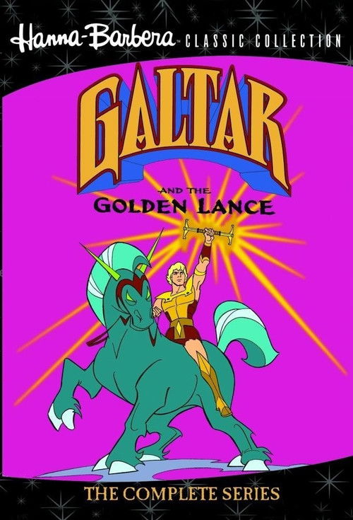 The poster features a vibrant purple background with a green dragon-like creature and a golden lance. A woman rides the dragon, exuding a heroic and adventurous mood. The title "Galtar and the Golden Lance" is prominently displayed in bold, colorful lettering.