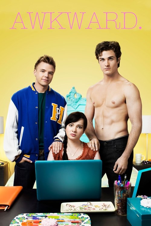 The poster features a group of three characters in a vibrant yellow background, with one shirtless man standing confidently while two others stand beside him. The scene exudes a playful yet slightly awkward atmosphere, capturing the essence of the show's comedic tone.