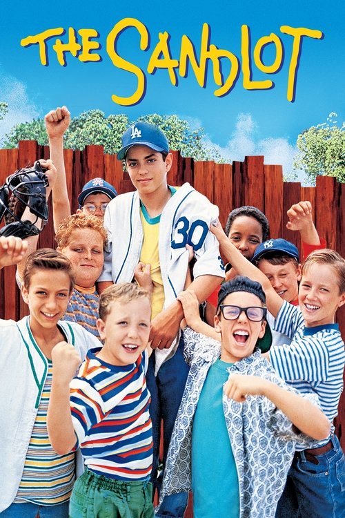 The Sandlot poster features a vibrant scene with children joyfully celebrating under a bright blue sky, surrounded by colorful wooden fences and lush greenery. The energetic, cheerful mood is conveyed through the children's raised fists and lively expressions, while the playful, sunny colors evok...