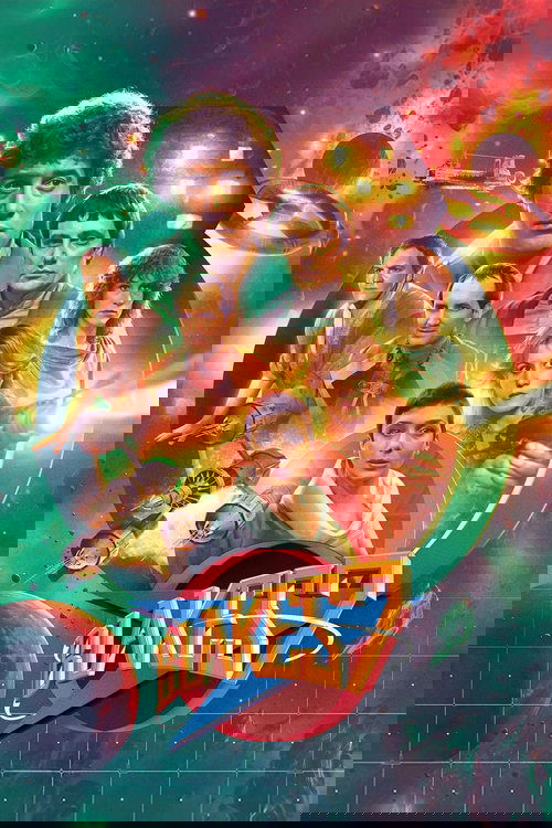 This vibrant poster showcases the ensemble cast of "Blake's 7" against a cosmic backdrop. The characters are arranged in a dynamic composition, with warm lighting highlighting their expressions and attire. The colorful, energetic design conveys a sense of adventure and excitement, capturing the e...