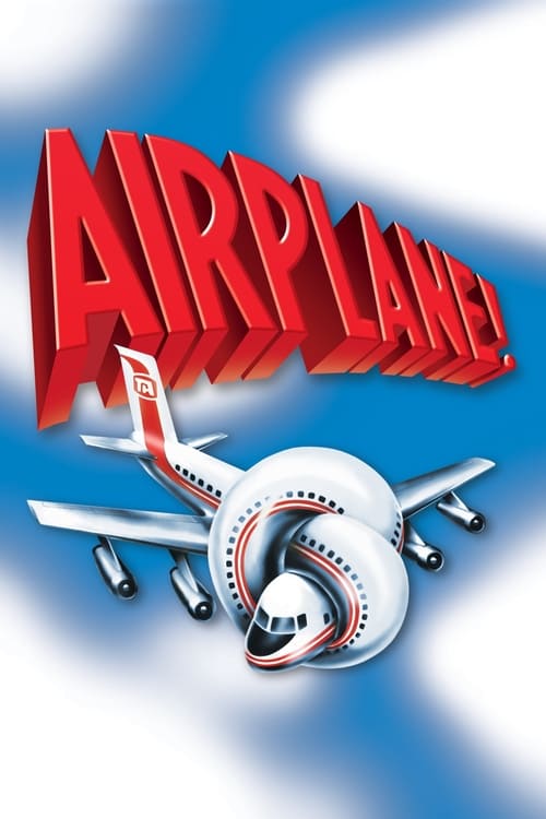 The poster features a bold red "AIRPLANES!" title with a futuristic airplane design. The airplane is surrounded by sleek, metallic wings and tail sections, suggesting speed and modernity. The background is a dynamic blue gradient with white streaks, evoking motion and excitement. The overall mood...