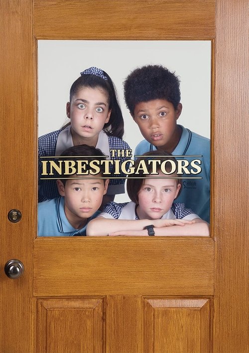 The poster features four young boys with serious expressions, framed against a warm wooden door. The title "The InBESTigators" is prominently displayed in bold, golden letters. The overall mood is serious and mysterious, reflecting the show's themes of investigation and mystery.