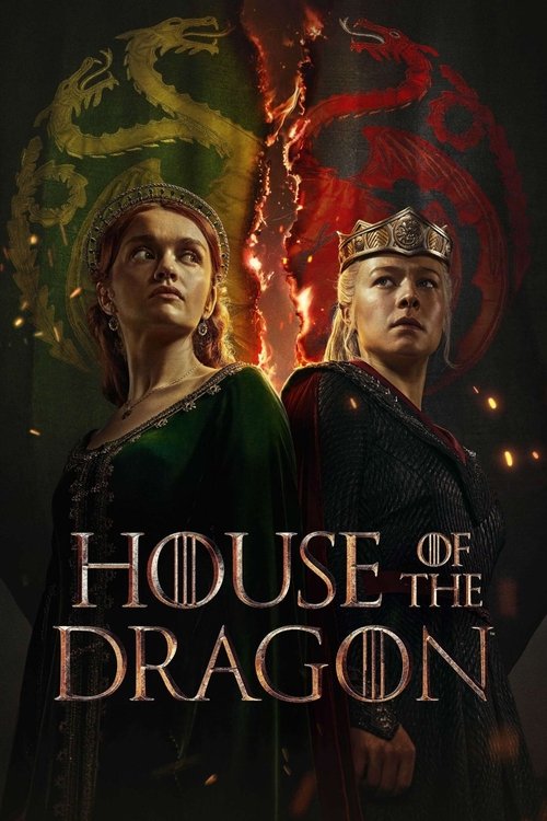 The poster features two women in medieval-style armor against a dramatic backdrop of fiery red and green dragon imagery. The title "House of the Dragon" is prominently displayed in bold, metallic lettering. The overall mood is intense and epic, suggesting a high-stakes fantasy adventure.