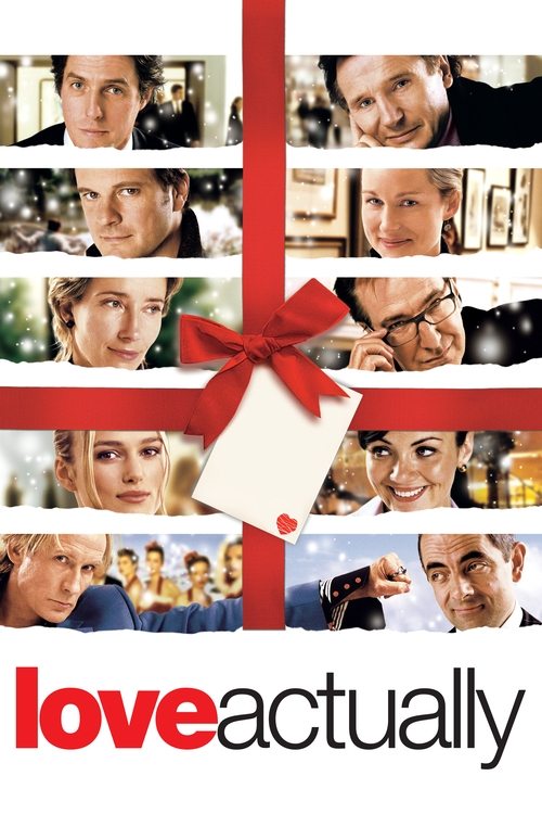 The poster features a collage of actors' faces arranged in a grid, framed by a red ribbon and tag. The warm, nostalgic colors evoke a sense of love and connection, capturing the essence of the film's emotional depth.