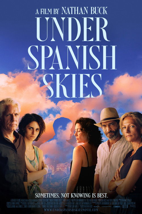 The poster features a group of five diverse people standing against a vibrant sky filled with pink and orange clouds. The title "Under Spanish Skies" is prominently displayed in bold white letters, evoking a sense of adventure and cultural exploration. The overall mood is warm and inviting, sugge...