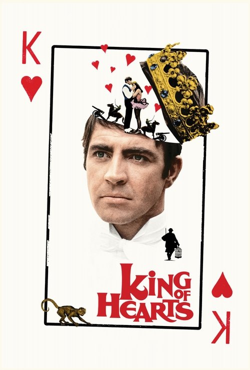 The poster features a man in a white suit with a crown, surrounded by hearts and the title "King of Hearts." The red and gold colors evoke royalty and drama, while the playful hearts suggest a heartwarming narrative.