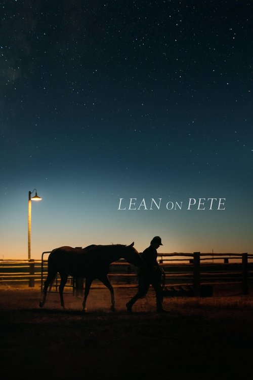 The poster captures a serene night scene with silhouetted figures walking along a fence, evoking a sense of quiet companionship and nostalgia. The dark sky dotted with stars and the warm glow of a streetlight add depth to the mood, while the title "Lean on Pete" hints at a heartfelt connection.