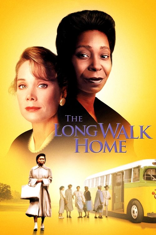 The poster features two women against a warm yellow background, evoking a nostalgic and hopeful mood. Below them, a group of people walks toward a vintage bus, symbolizing a journey or reunion. The title "The Long Walk Home" is prominently displayed, suggesting a story of longing and connection.