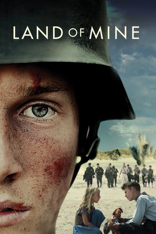 The poster features a close-up of a soldier's face with dirt and a helmet, set against a backdrop of a desert landscape with soldiers in the distance. The muted earthy tones and somber mood evoke a sense of hardship and resilience.
