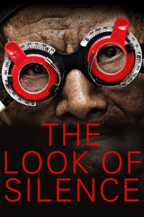 The poster features a close-up of a man with a stern expression, wearing distinctive red goggles with silver rims. The title "THE LOOK OF SILENCE" is prominently displayed in bold red letters at the bottom. The dark, moody atmosphere and intense gaze convey a sense of mystery and suspense.