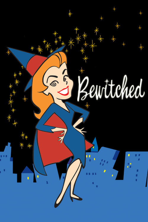 A glamorous witch with red hair and blue dress stands confidently against a starry night sky. The poster features a whimsical illustration with a dark blue background and sparkling stars. The title "Bewitched" is elegantly written in white cursive script.