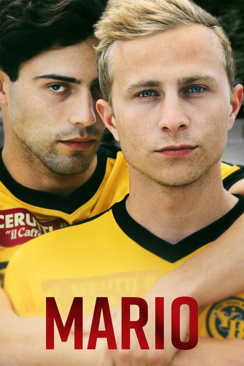 A football player in a yellow jersey with "Mario" emblazoned on his chest stands prominently in the foreground, exuding confidence and determination. Behind him, another player in a similar uniform looks on with a serious expression. The vibrant yellow and black colors create a dynamic and energe...