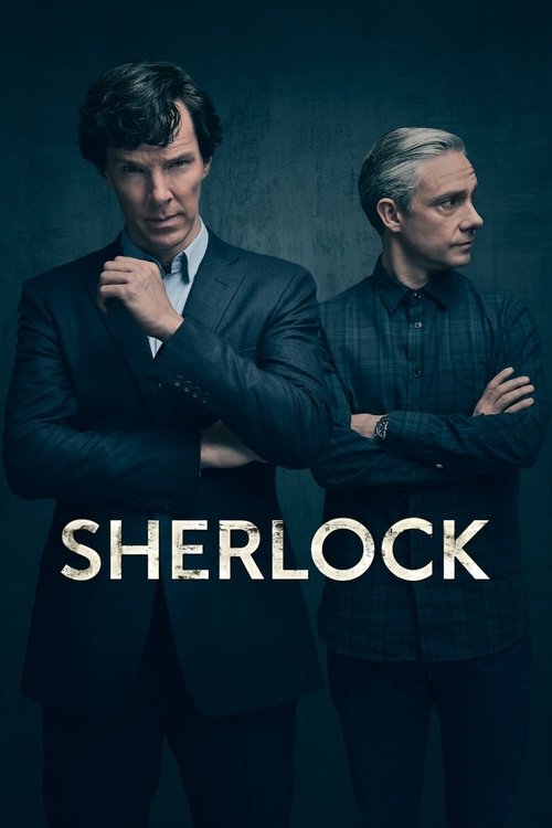 Two men in dark suits stand against a dark background, exuding mystery and intrigue. The title "Sherlock" is prominently displayed in bold white letters. The overall mood is suspenseful and atmospheric, hinting at the classic detective stories.