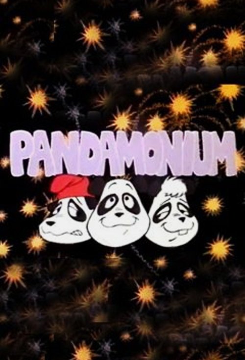 The poster features three cartoon characters with expressive faces, each wearing a red hat, set against a starry night sky. The title "Pandamonium" glows in purple, suggesting a magical or mysterious atmosphere. The dark background with twinkling stars adds to the eerie and whimsical mood.