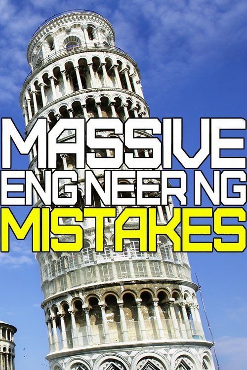 The image features a towering Leaning Tower of Pisa against a vibrant blue sky, symbolizing the massive engineering challenges faced by the show. The bold, contrasting colors of white, yellow, and black create a visually striking effect, emphasizing the dramatic and serious tone of the content.