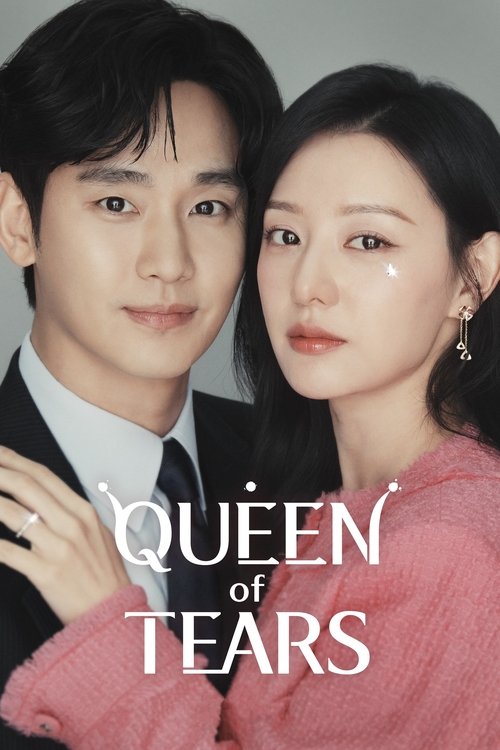 The poster features a tender portrait of two individuals, a man in a dark suit and a woman in a soft pink sweater, with the title "Queen of Tears" prominently displayed. The warm lighting and intimate composition evoke a sense of romance and emotional depth.
