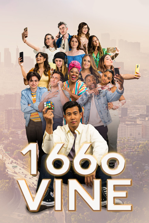 The poster features a vibrant group of diverse people in colorful attire, exuding a lively and energetic mood. The bold, golden "1660 VINE" text dominates the foreground, suggesting a blend of nostalgia and modernity. The warm, sunny backdrop hints at a vibrant city setting, capturing the essence...