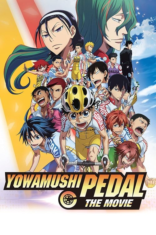 The poster features a vibrant array of characters from the Yowamushi Pedal series, including the main protagonist with his distinctive yellow helmet and the iconic red and white striped shirt. The background is filled with dynamic colors—reds, blues, and yellows—creating an energetic and lively a...