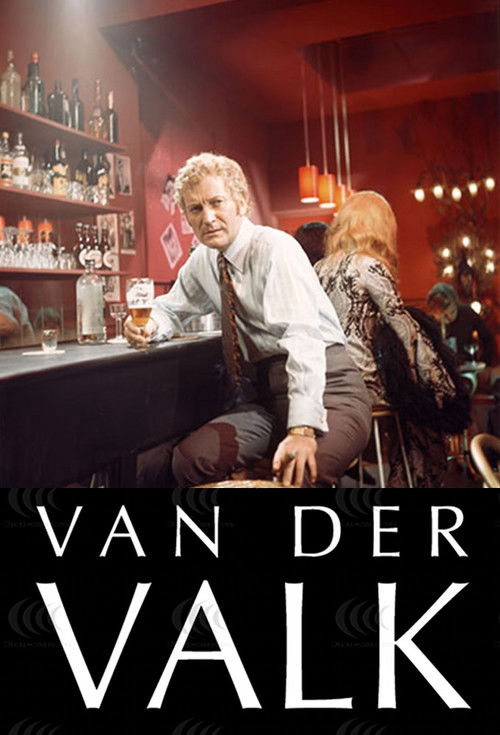 The poster features a man with curly hair in a dimly lit bar, surrounded by shelves of bottles and warm lighting. Another person sits nearby, and the title "VAN DER VALK" is prominently displayed in bold white letters against a dark background. The overall mood is mysterious and atmospheric.